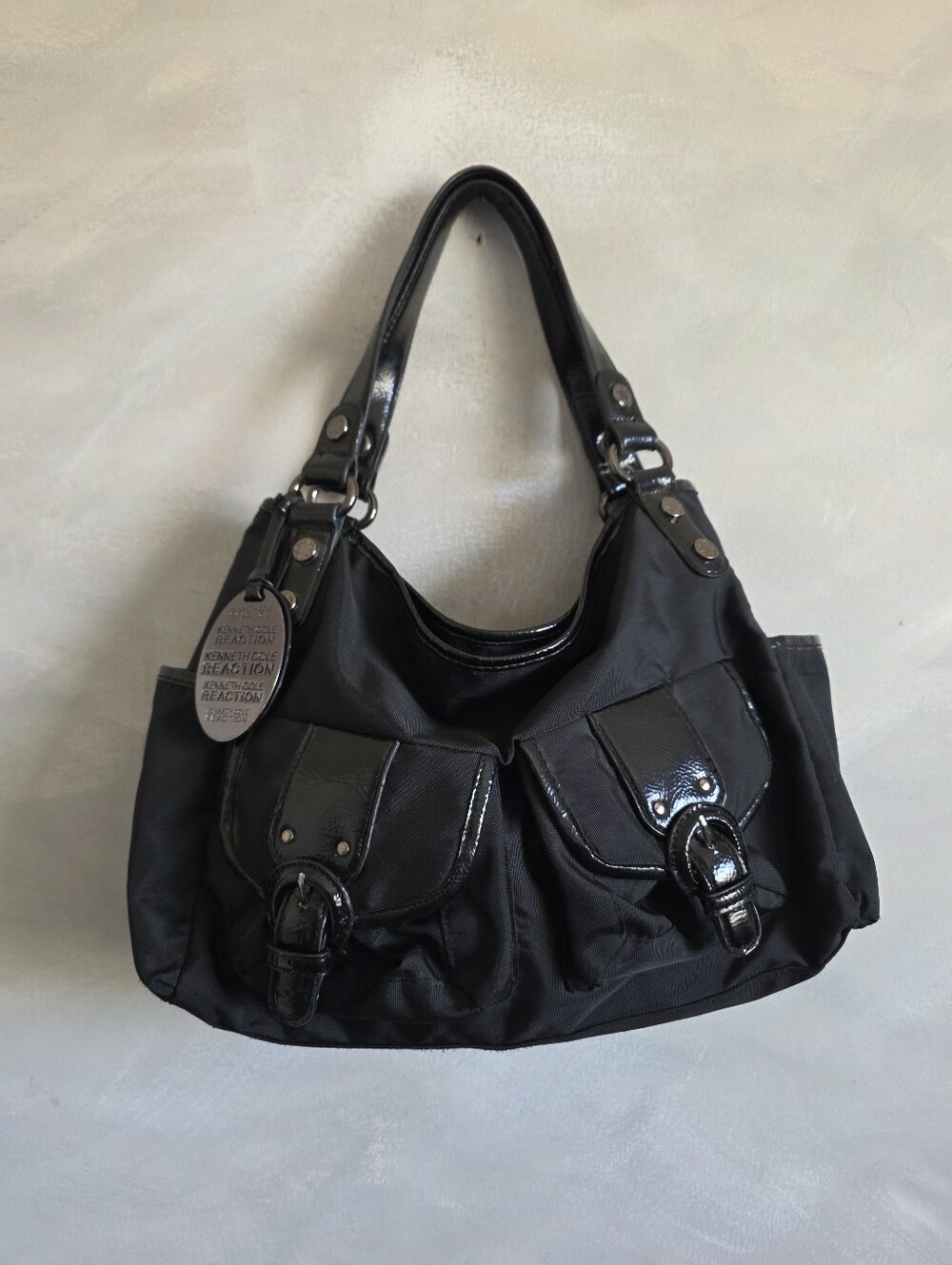 Y2K Vtg Moto Slouchy Hobo Black Shoulder Bag Kenneth Cole Reaction Nylon PVC